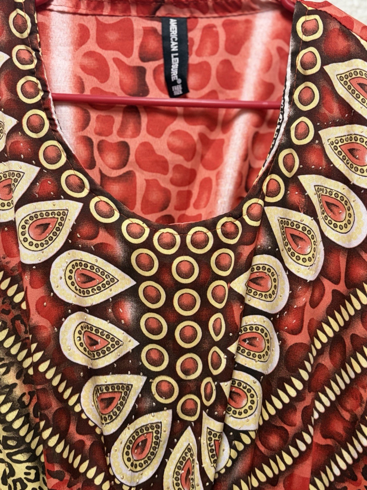 American Leisure Red Brown Beige Animal Print Kaftan Dress Round Neck Long One
