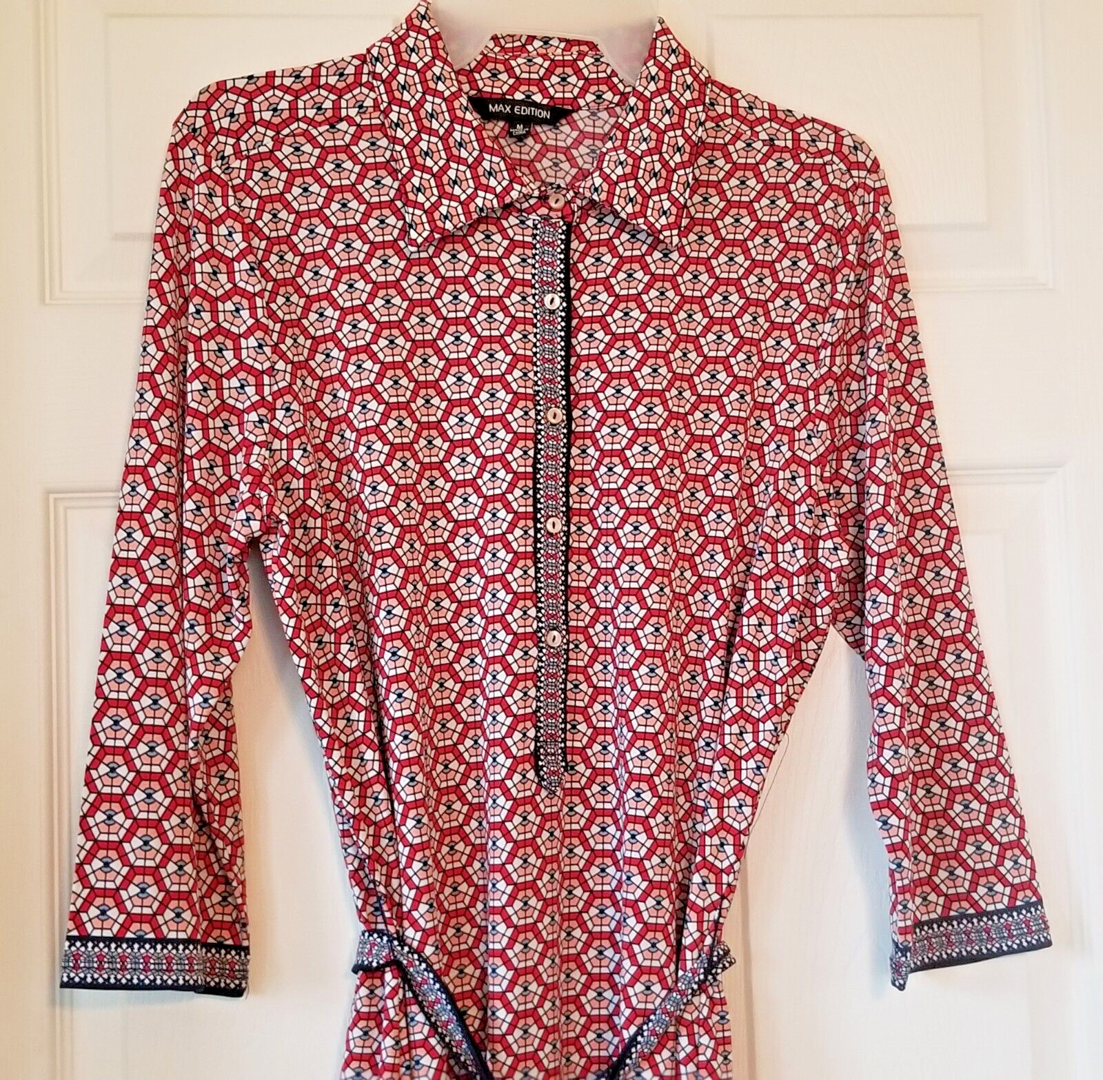 MAX EDITION Multicolor Print Shirt Dress 3/4 Sleeve Belted Career Office Size M