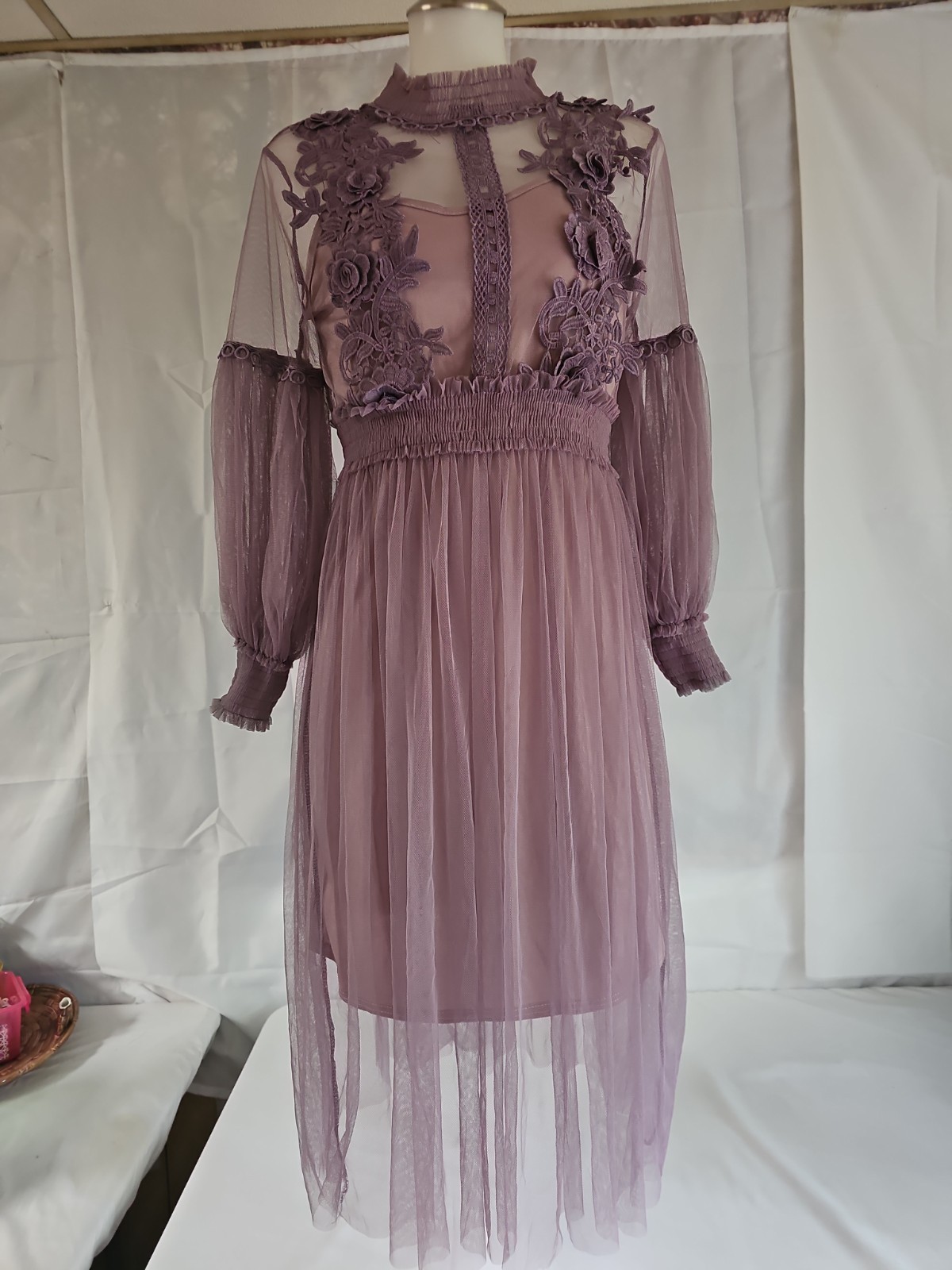 Ladies Dress Flower Hook Mesh Temperament Stand Collar Sleeve Female Dresse