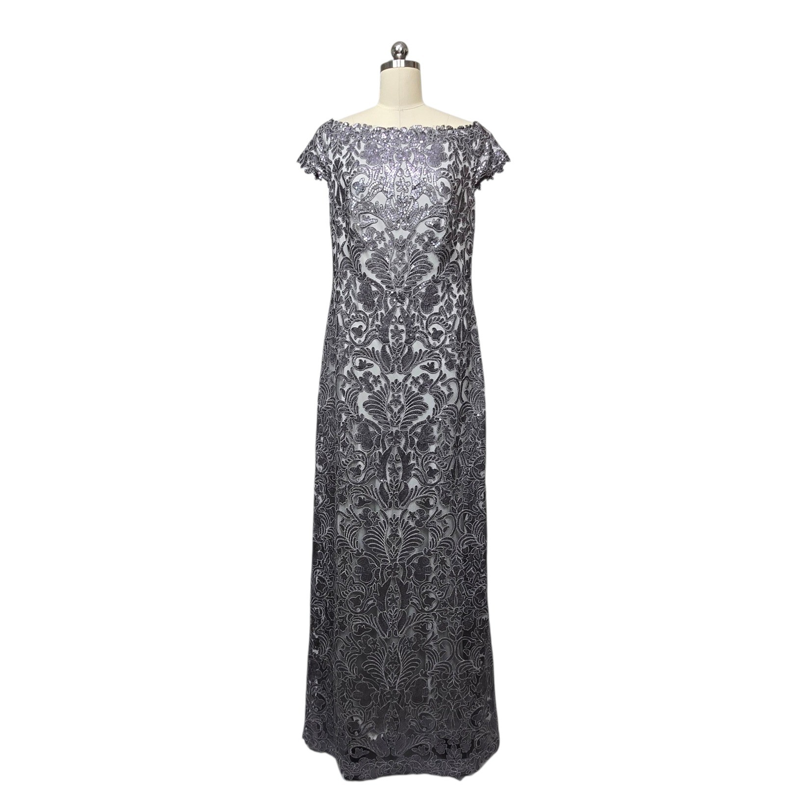 Tadashi Shoji Grey Sequin Embroidered Lace Formal Gown Dress Womens Size 14