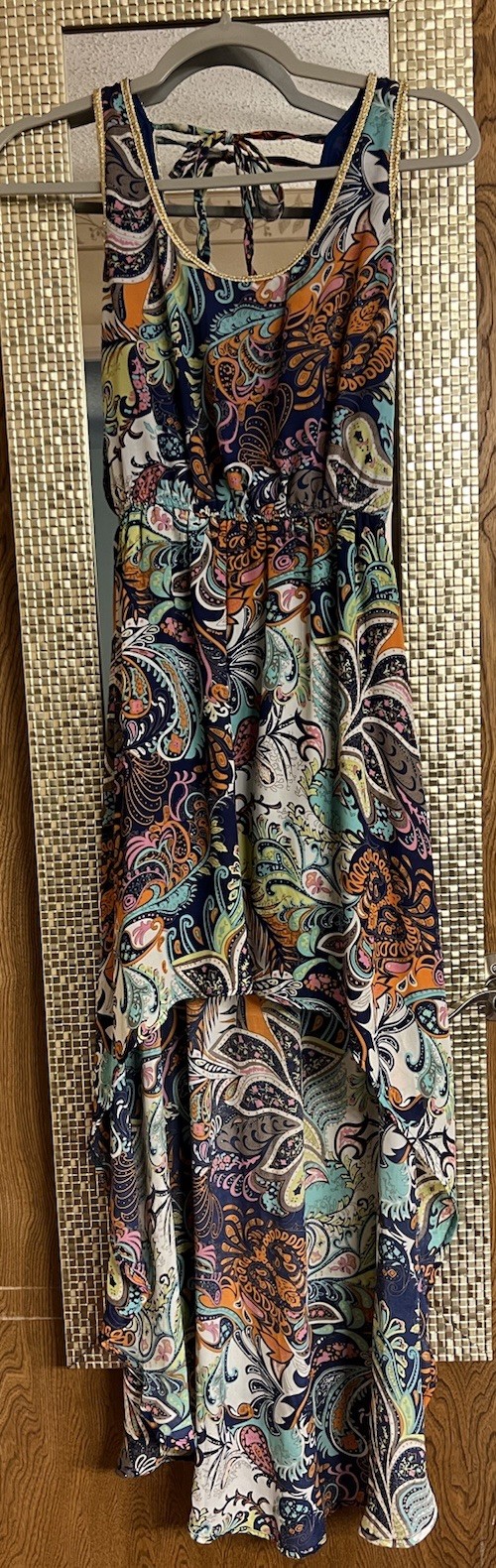 Beautiful Colorful High-Low Hemline Summer Dress With Lining & Gold Ribbon Trim