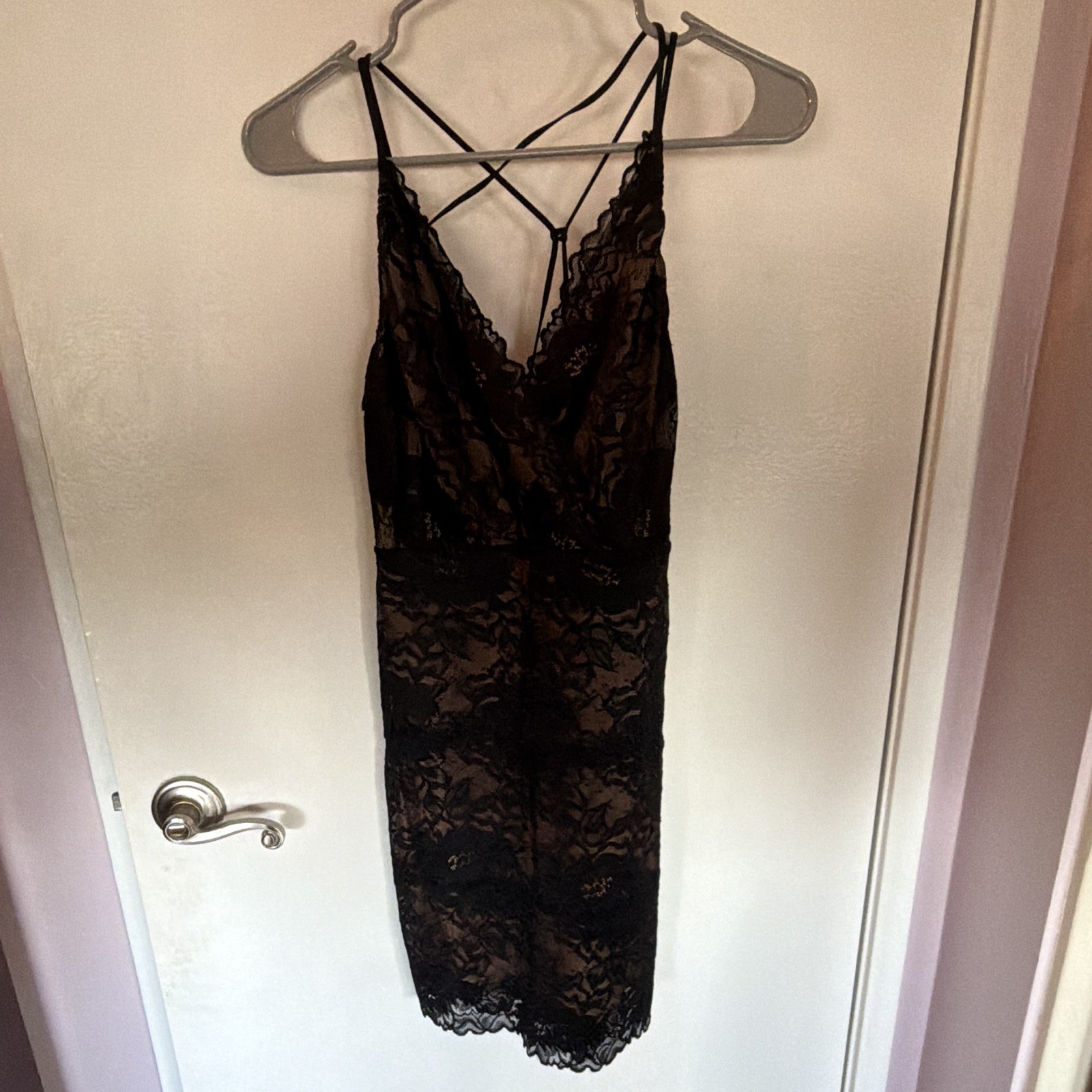 GUESS Black Lace Strappy Sleeveless V-Neck Bodycon Short Dress Size M