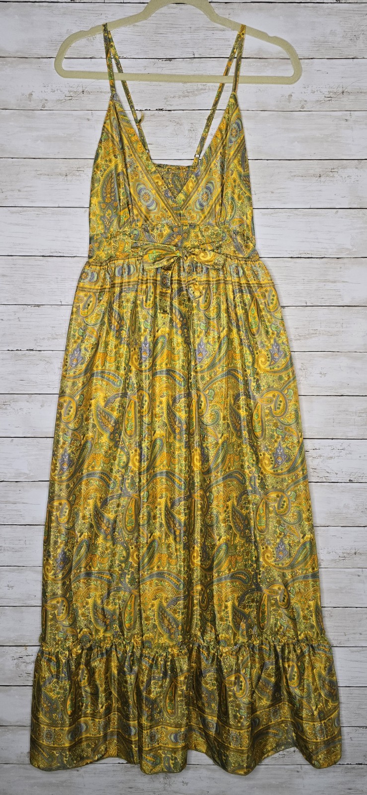 Yellow Paisley Silk Maxi Dress Medium Fairy Boho Festival Resort Tiered Vacation