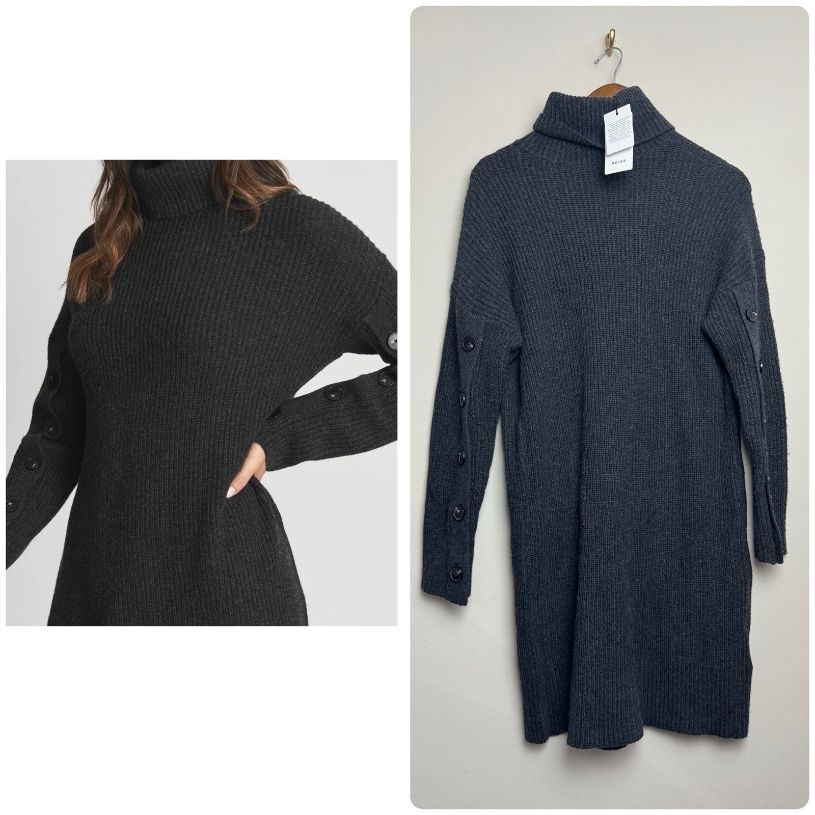 Reiss Maggie Cashmere Blend Sweater Dress Size Medium Gray Roll Turtleneck