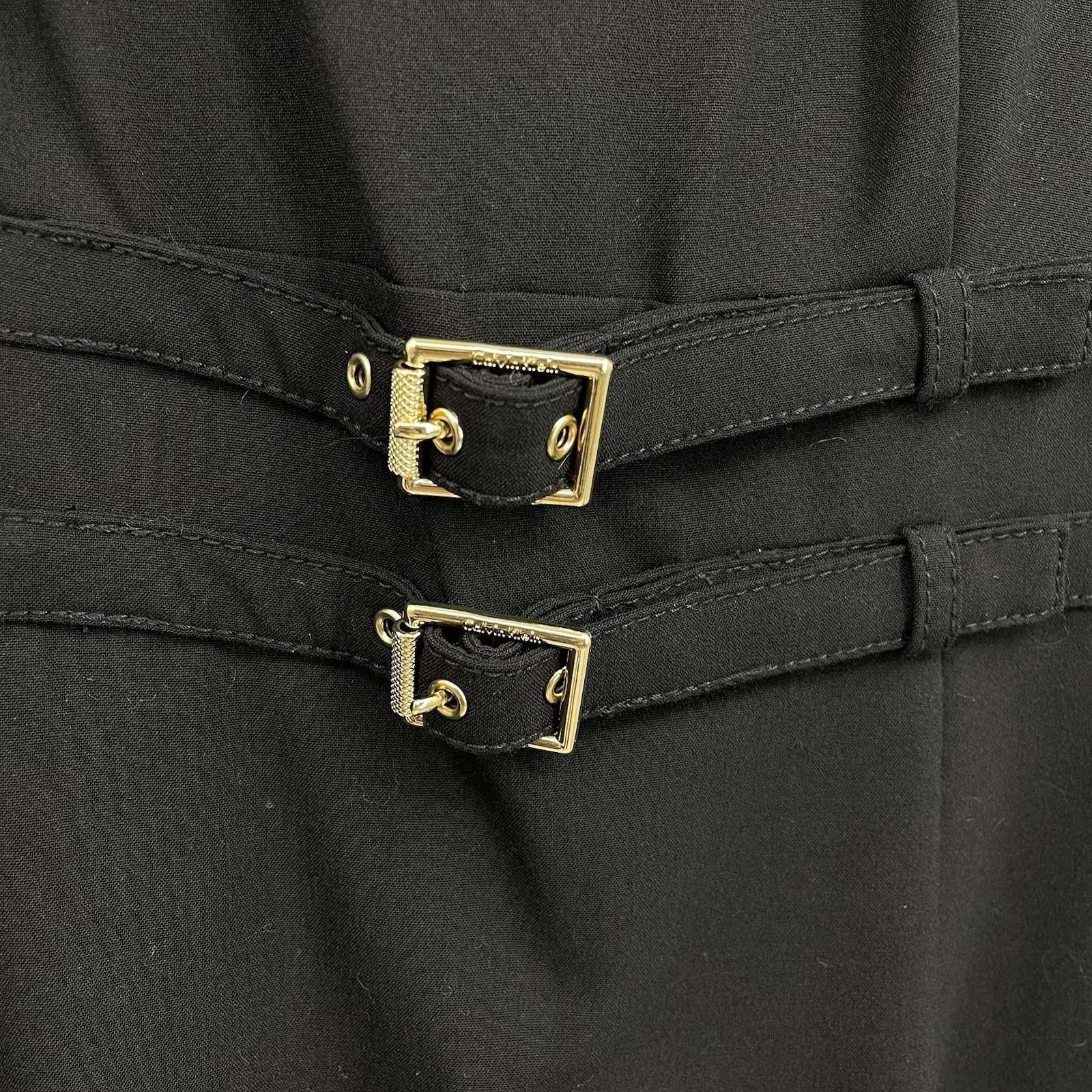 Calvin Klein Sleeveless Black Sheath Dress Gold Zipper Buckle Waist Size 12