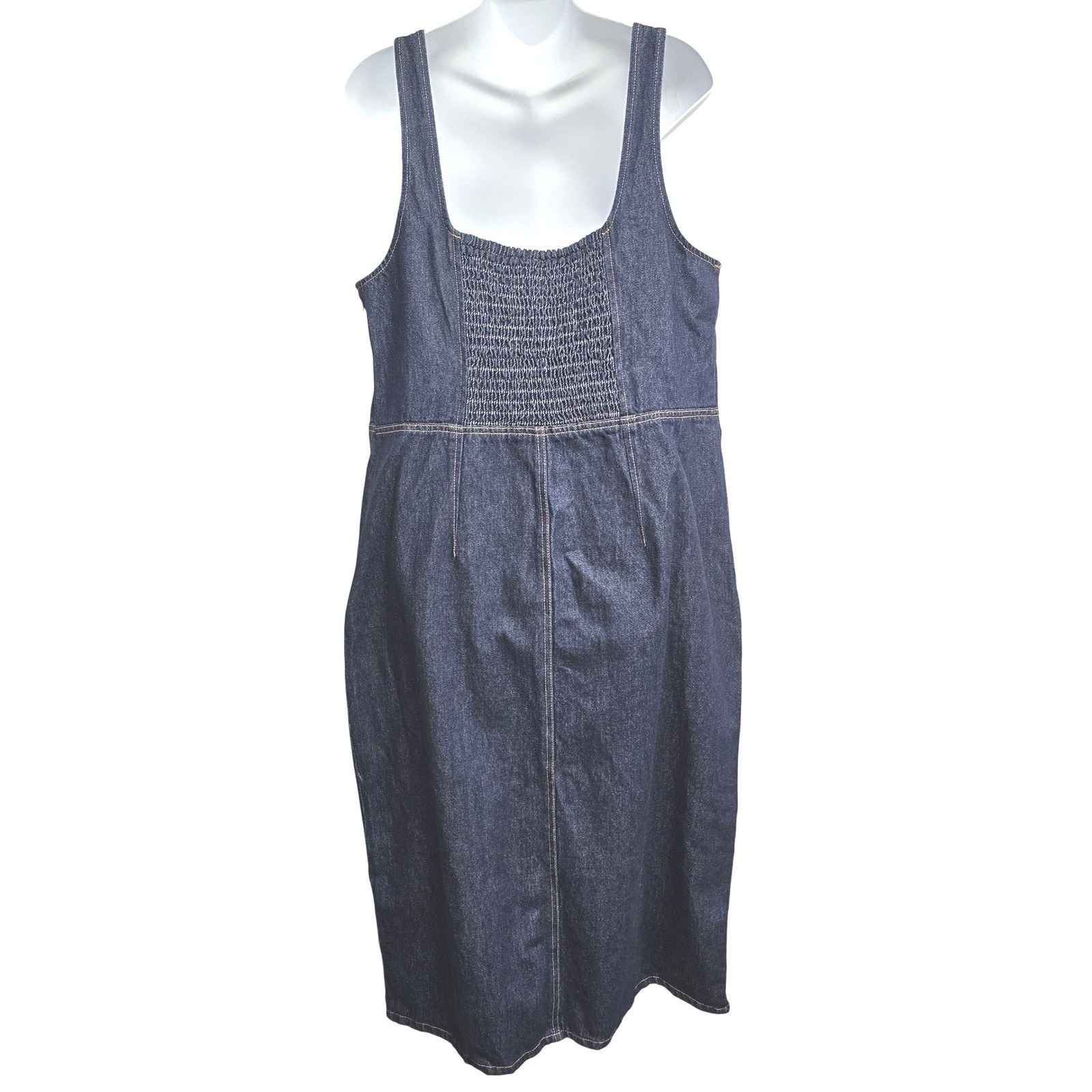 Future Collective Dark Wash Denim Midi Dress Square Neck Smocked Back XL Indigo