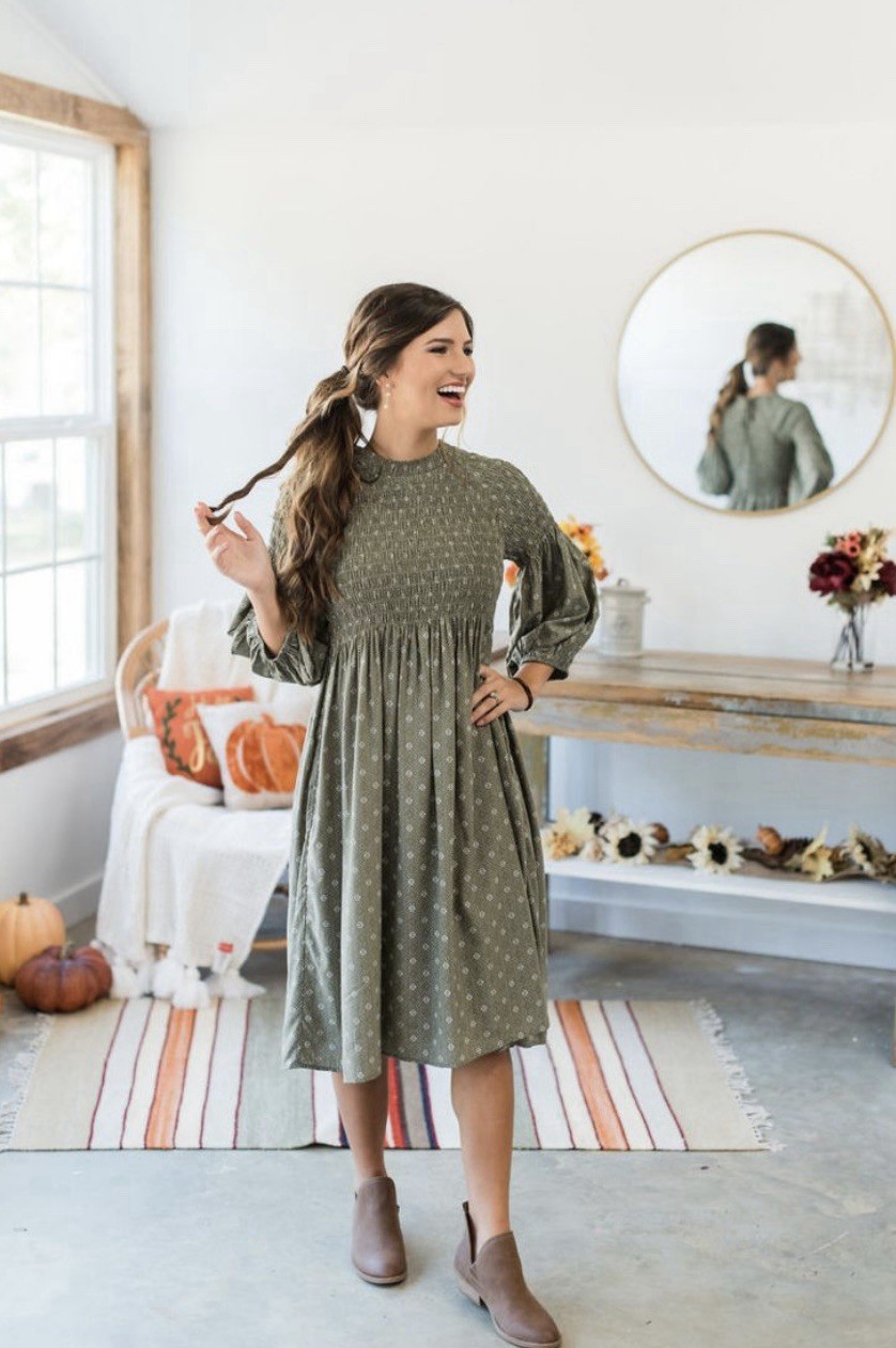 Roolee Green Smocked Midi Dress Geometric Print 3/4 Balloon Sleeve Size M