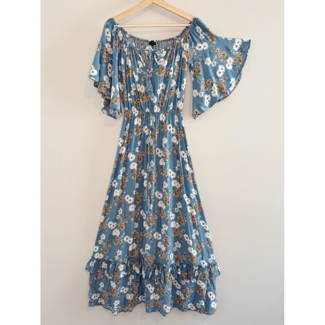 Floral Print Maxi Dress Women’s S/M Blue Boho Flutter Sleeve