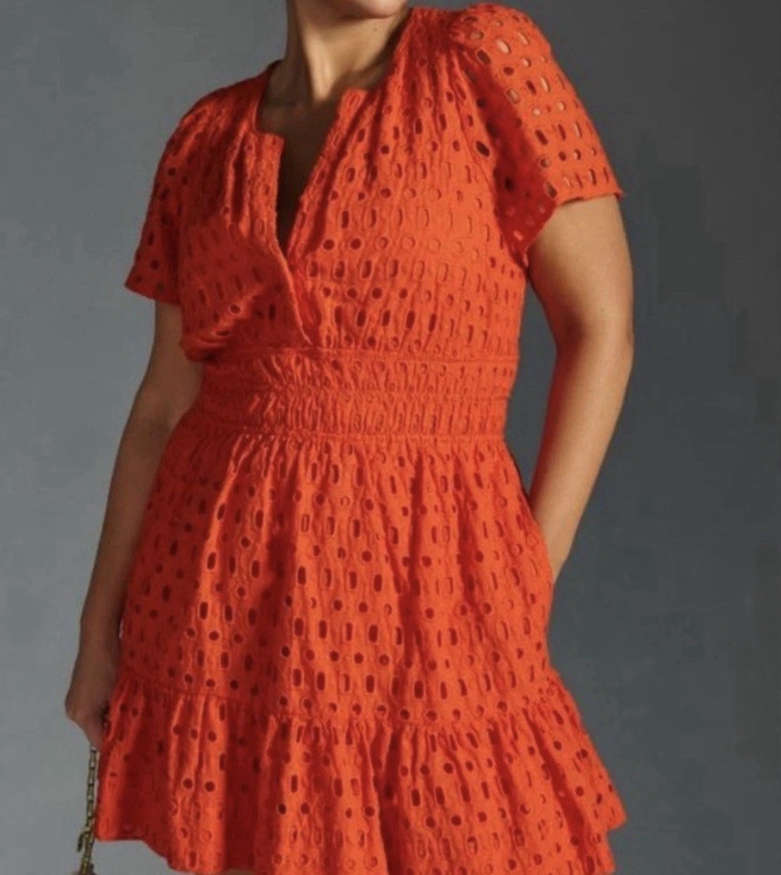 Anthropologie The Somerset Mini Dress Eyelet Hot Bright Coral Orange XL