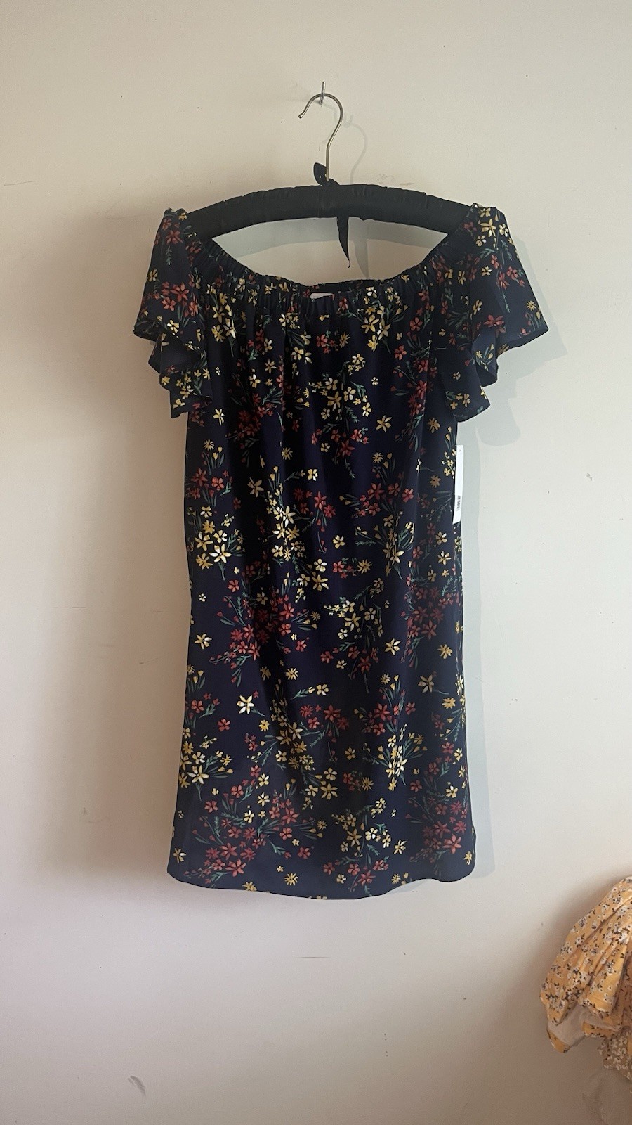 JustFab Women’s XL Off Shoulder Floral Dress Navy Blue Ruffle Sleeve NWT