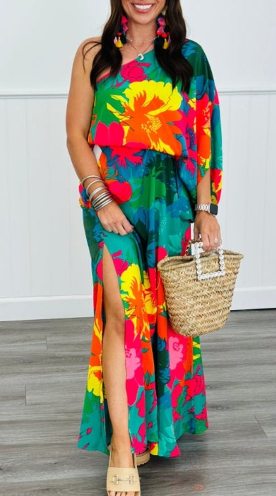 Jess Lea Multicolor Tropical Floral One-Shoulder Maxi Dress Side Slit Sz XL