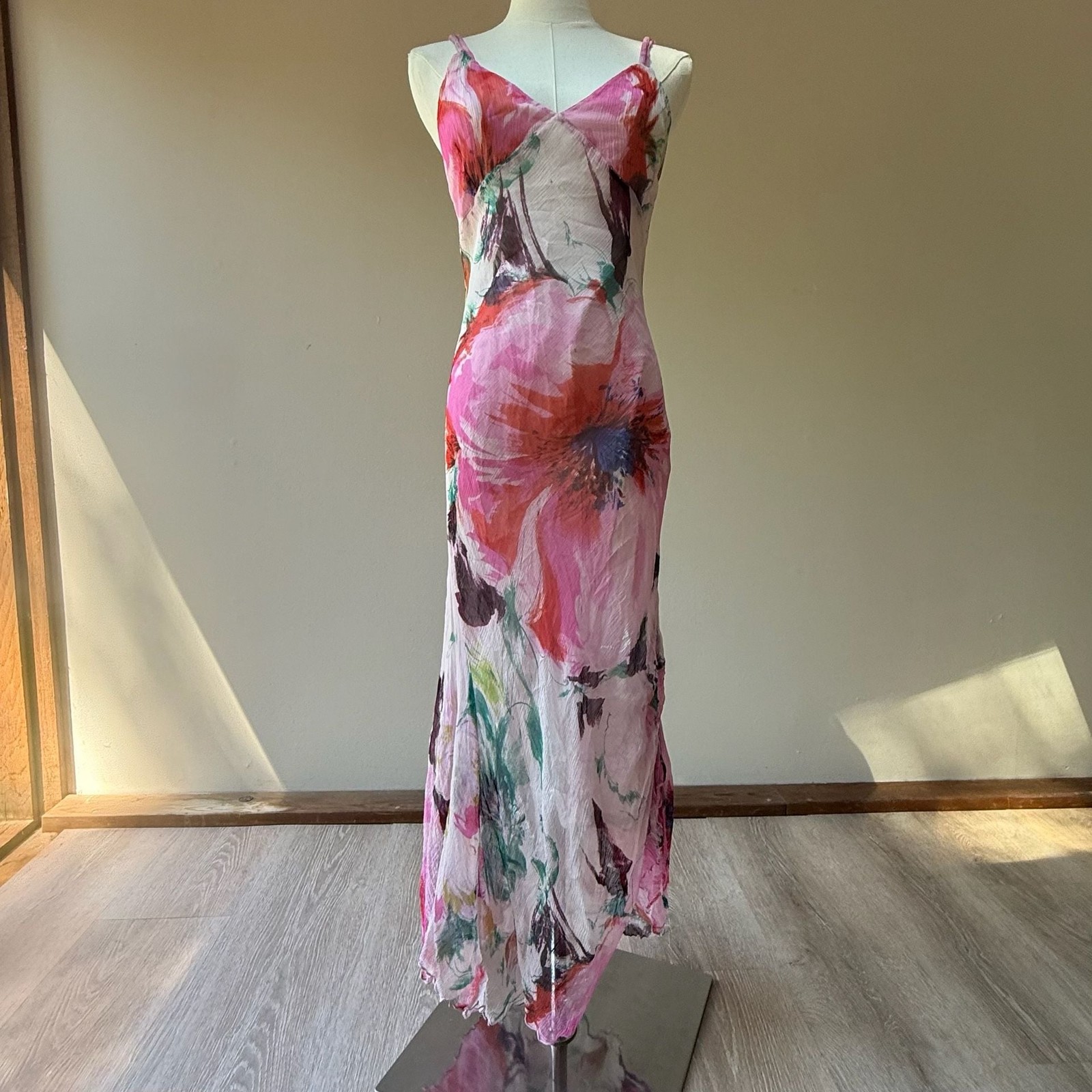 Floral Watercolor Silk Print Chiffon Maxi Slip Dress