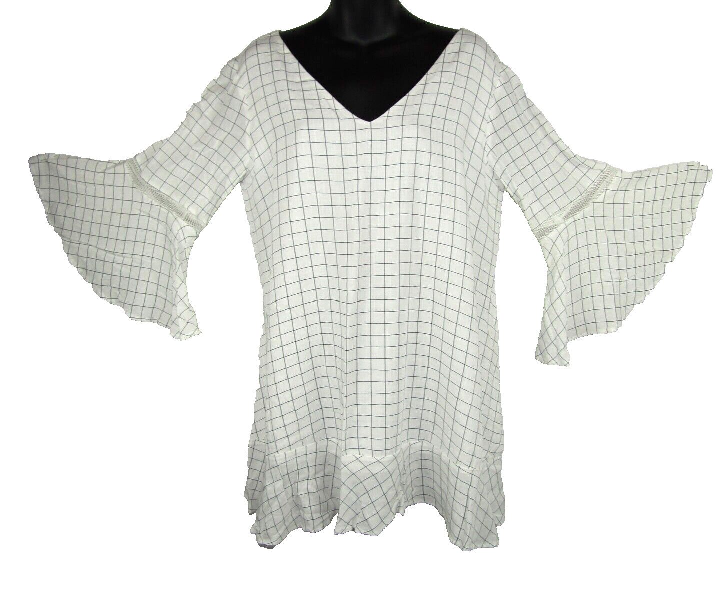 Sancia Windowpane Shift Mini Dress Small White Multi 3/4 Flutter Sleeve V Neck