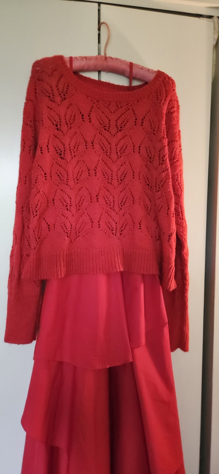 Anthropologie Red Sweater Maxi Twofer Dress With Ruffles Size L NWT