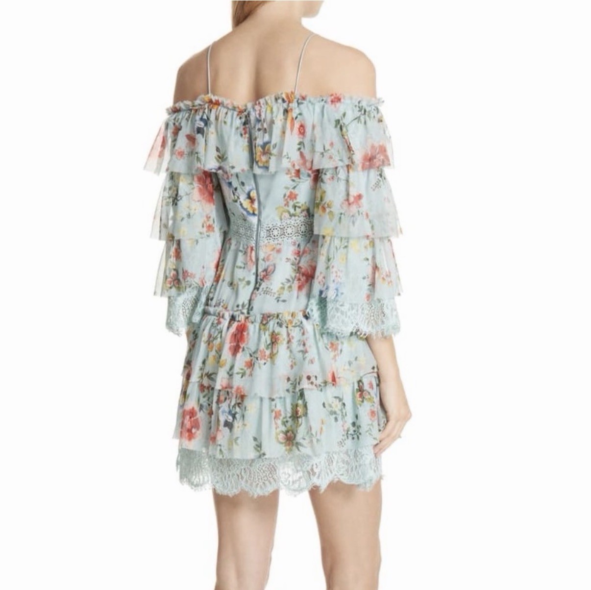Alice + Olivia Santos Silk Floral Off Shoulder Lace Ruffle Mini Dress 4 NWT