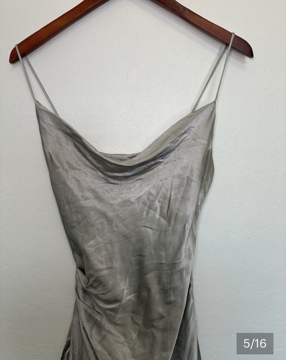 Zara Satin Effect Midi Dress Metallic Silver Cowl Neck Ruched Draped Side S NWT