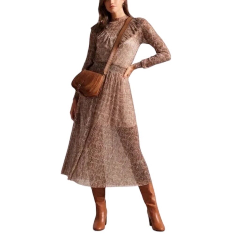 NWT Ted Baker London DEBBIX printed long sleeve sheer brown metallic dress US 6
