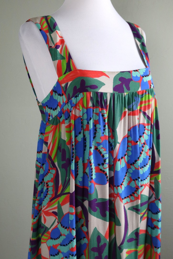 IRIS & INK $260 Shirred Vibrant Floral Print Maxi Apron Tank Dress Size 10