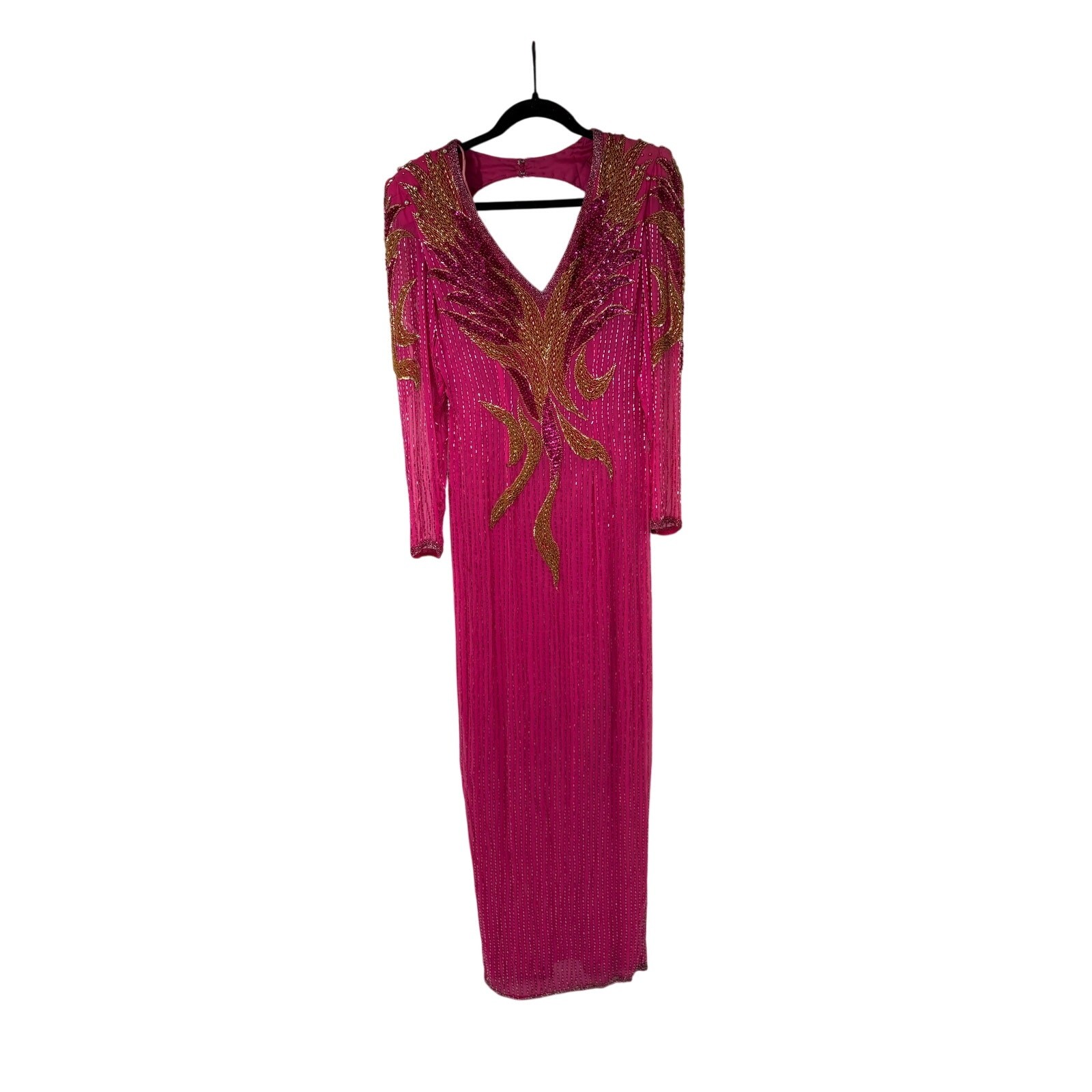 Sho Max Vintage Fuchsia Beaded 100% Silk Cocktail Dress Statement Rare Womens M