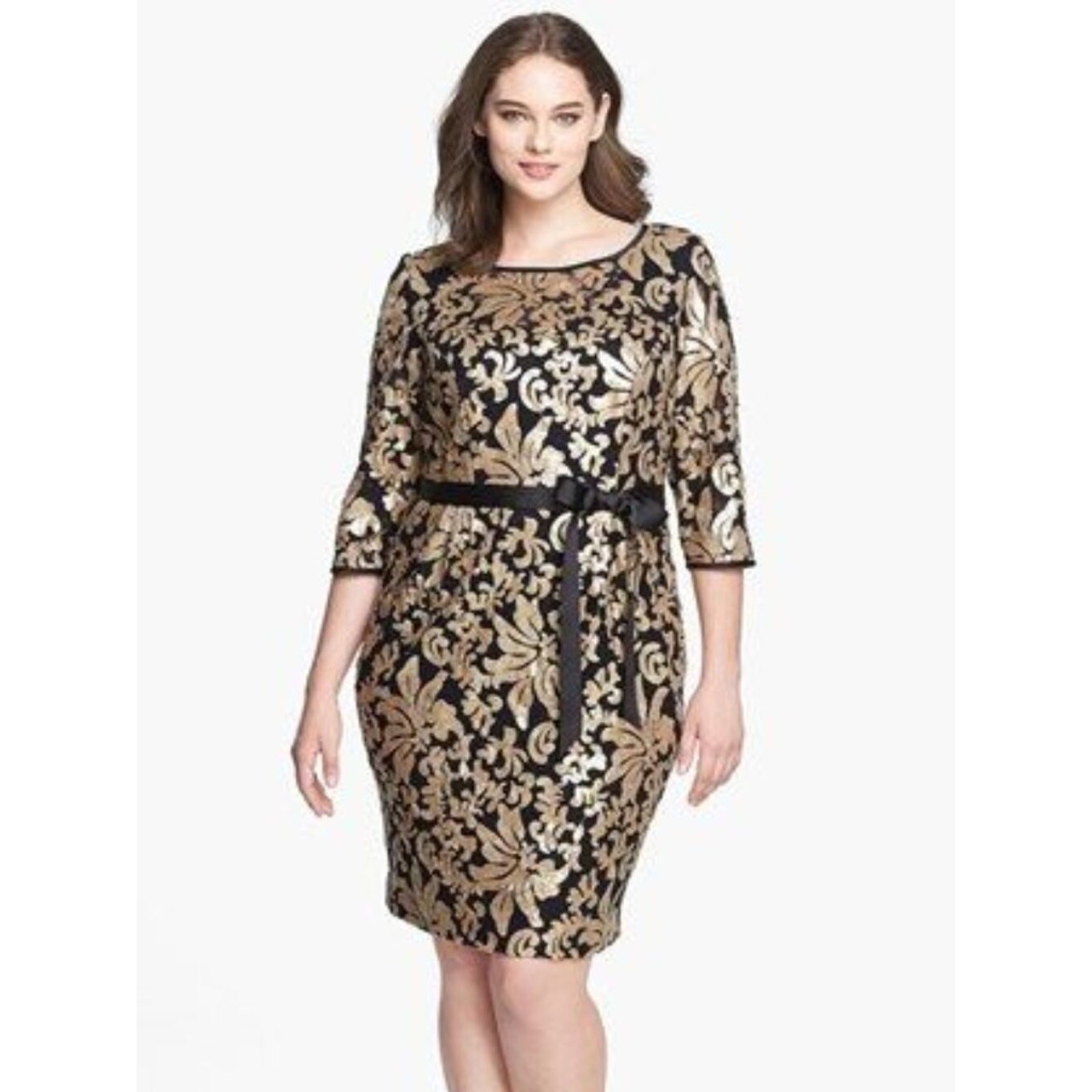 Alex Evenings Black Formal Dress with Gold Paillettes Sequin Design- Size 8