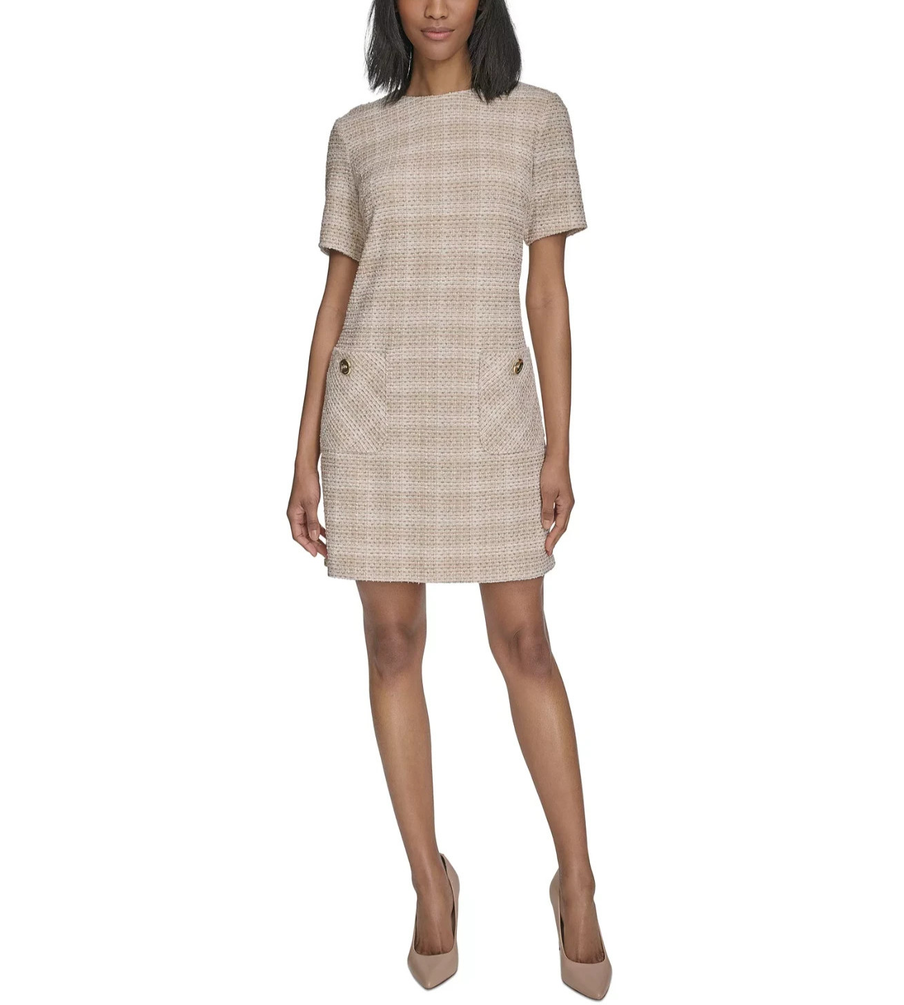 Halston Patch-Pocket Short-Sleeve Tweed Shift Dress MSRP $139