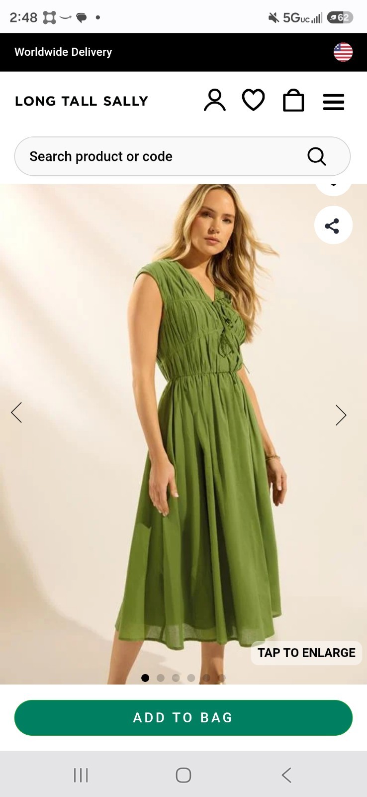 Long Tall Sally Tall Olive Green Cotton Woven Midi Dress Tie Front UK 22 US 18