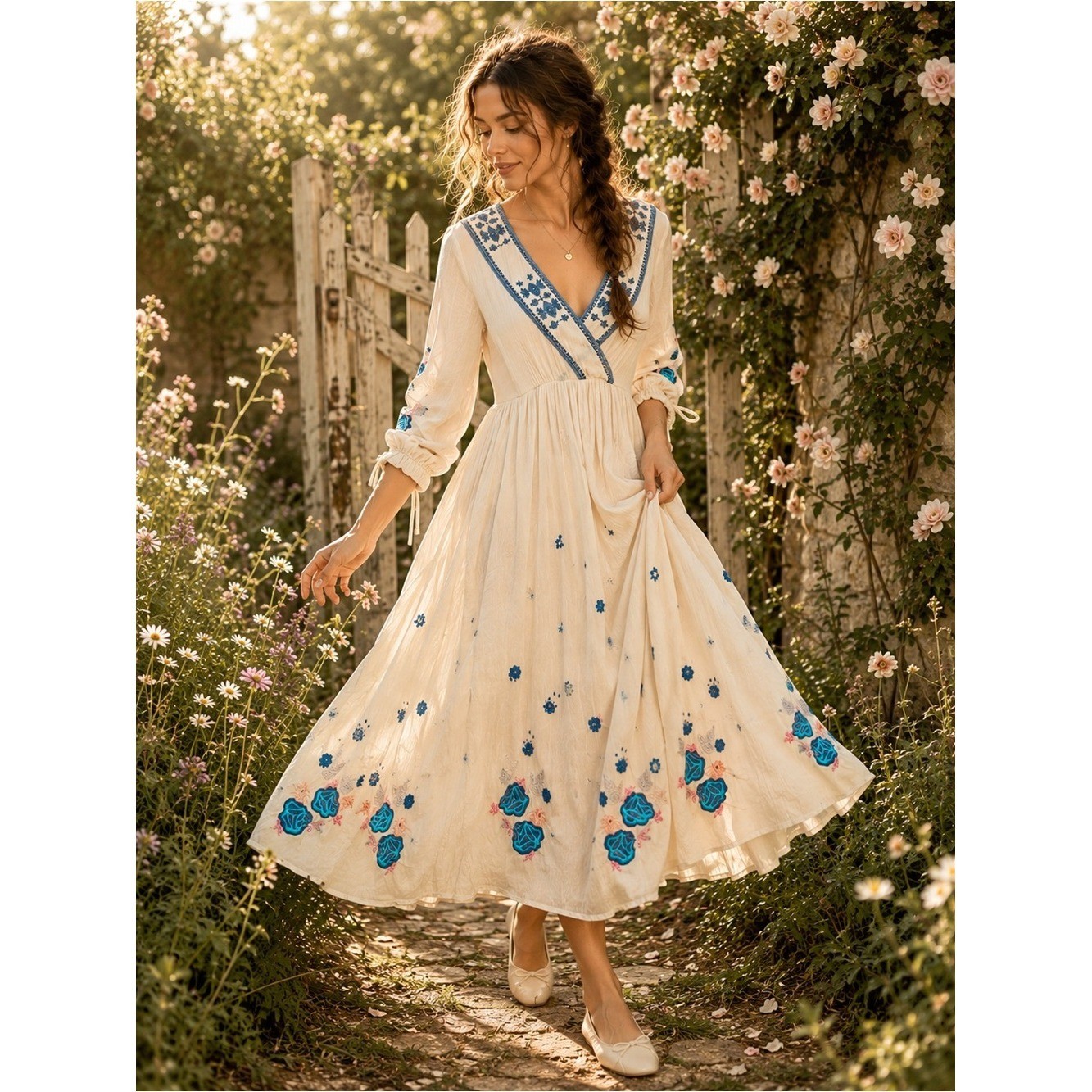 Free People Womens Enchanted Forest Embroidered Midi Dress Size XS Cottagecore