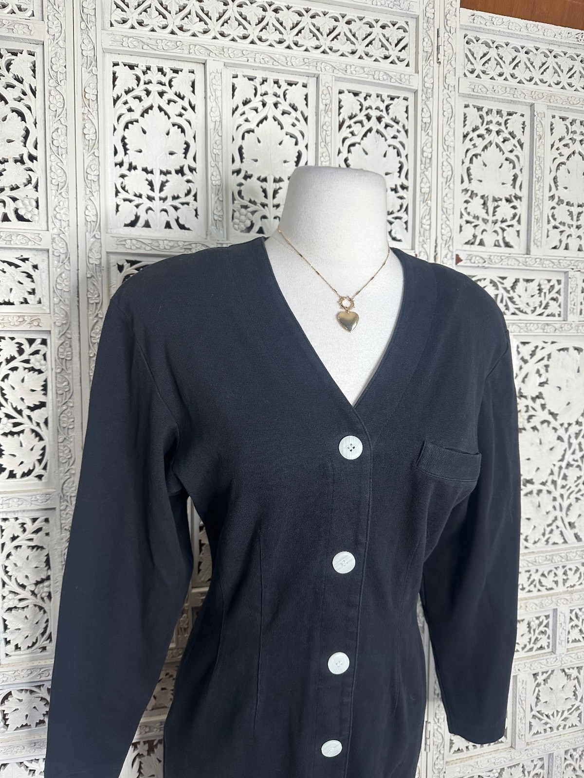 Vintage Brass Plum Nordstrom Black Strong Shoulder Long Sleeve Button Up Dress