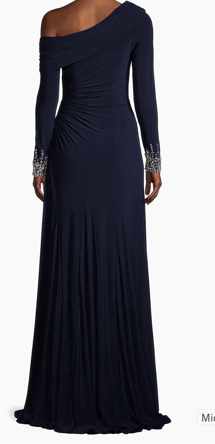 Mac Duggal Beaded Cuff Drop One Shoulder Jersey Ruched Side Slit Gown Sz 4