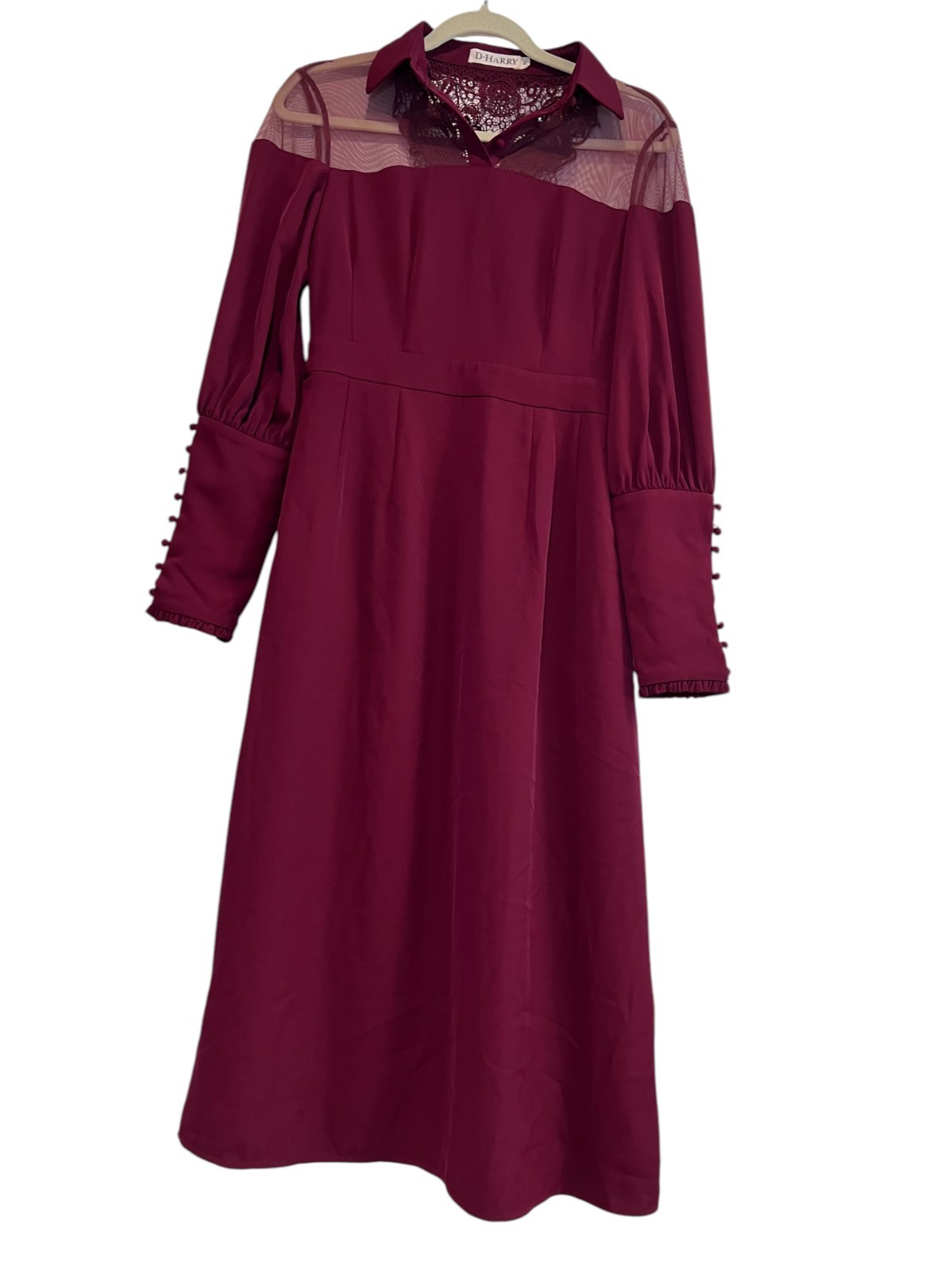 D-Harry Burgundy Lace Mesh Panel Maxi Dress Size Medium Long Sleeve Button Cuff