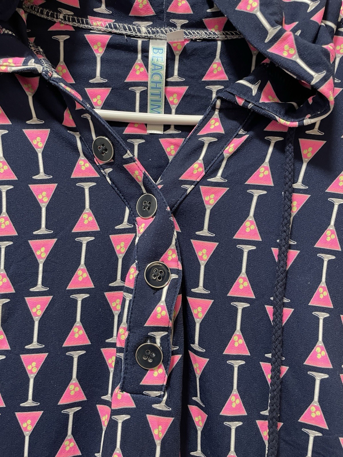 Beachtime Navy Pink Geometric Shift Dress Hood Button Collared Pockets XL