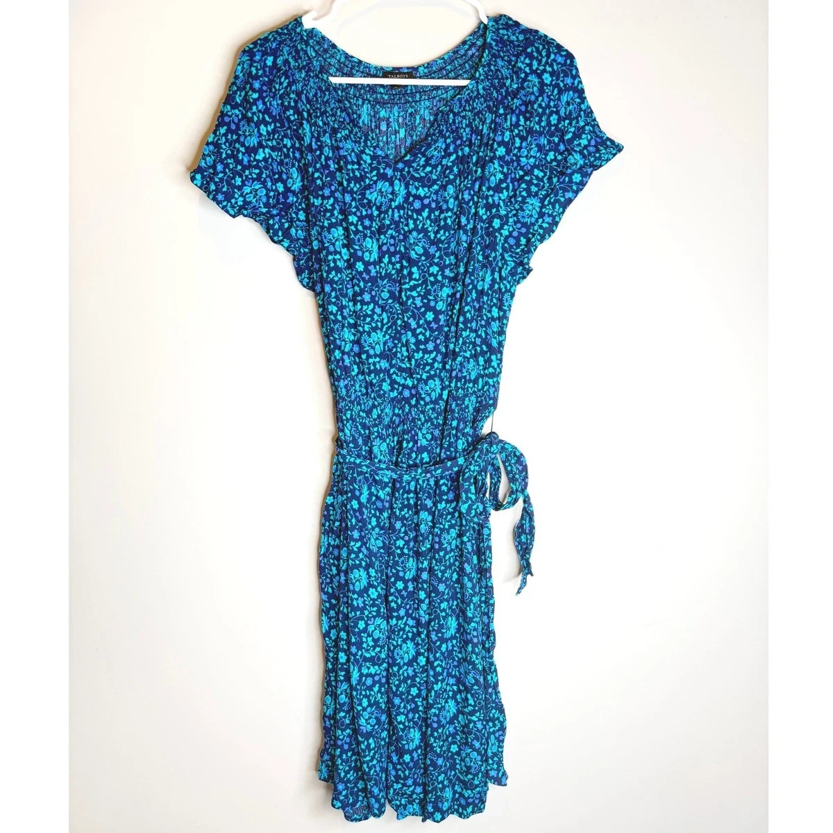 Talbots Petite XL Blue Floral Smocked Waist Tie Dress Coastal Chic