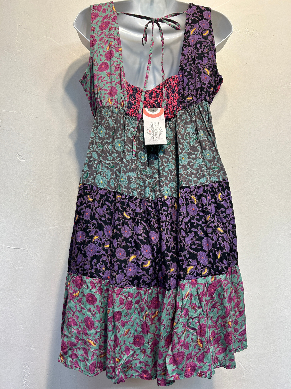 Nwt SACRED THREADS boho floral funky hippie rayon tier tank DRESS L Free shipp