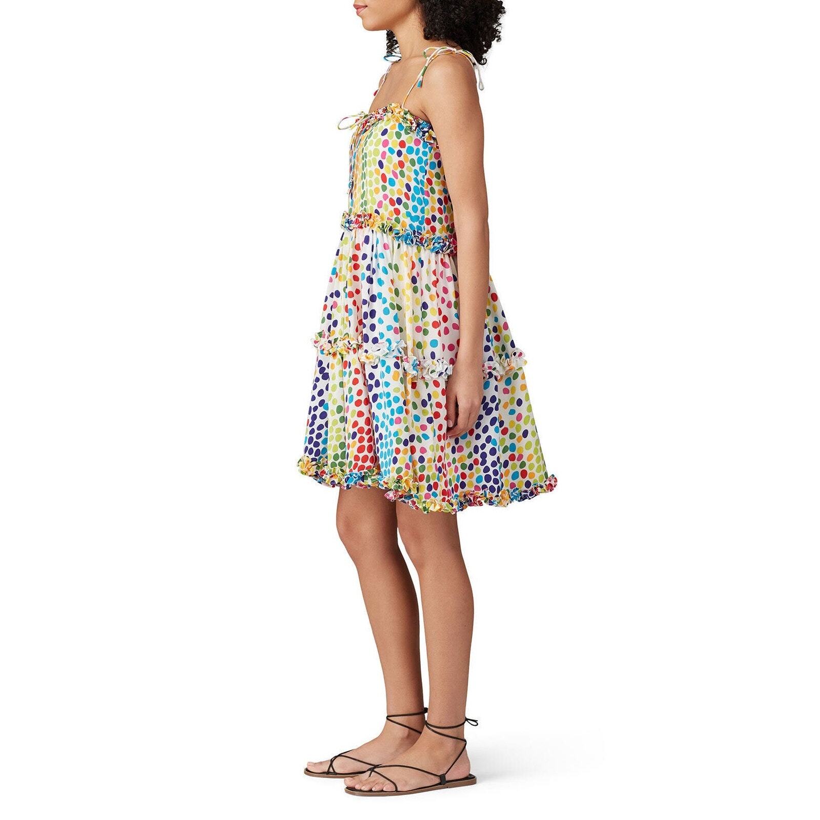 All Things Mochi Blessica Rainbow Polka Dot Print Tiered Silk Mini Dress Sz S