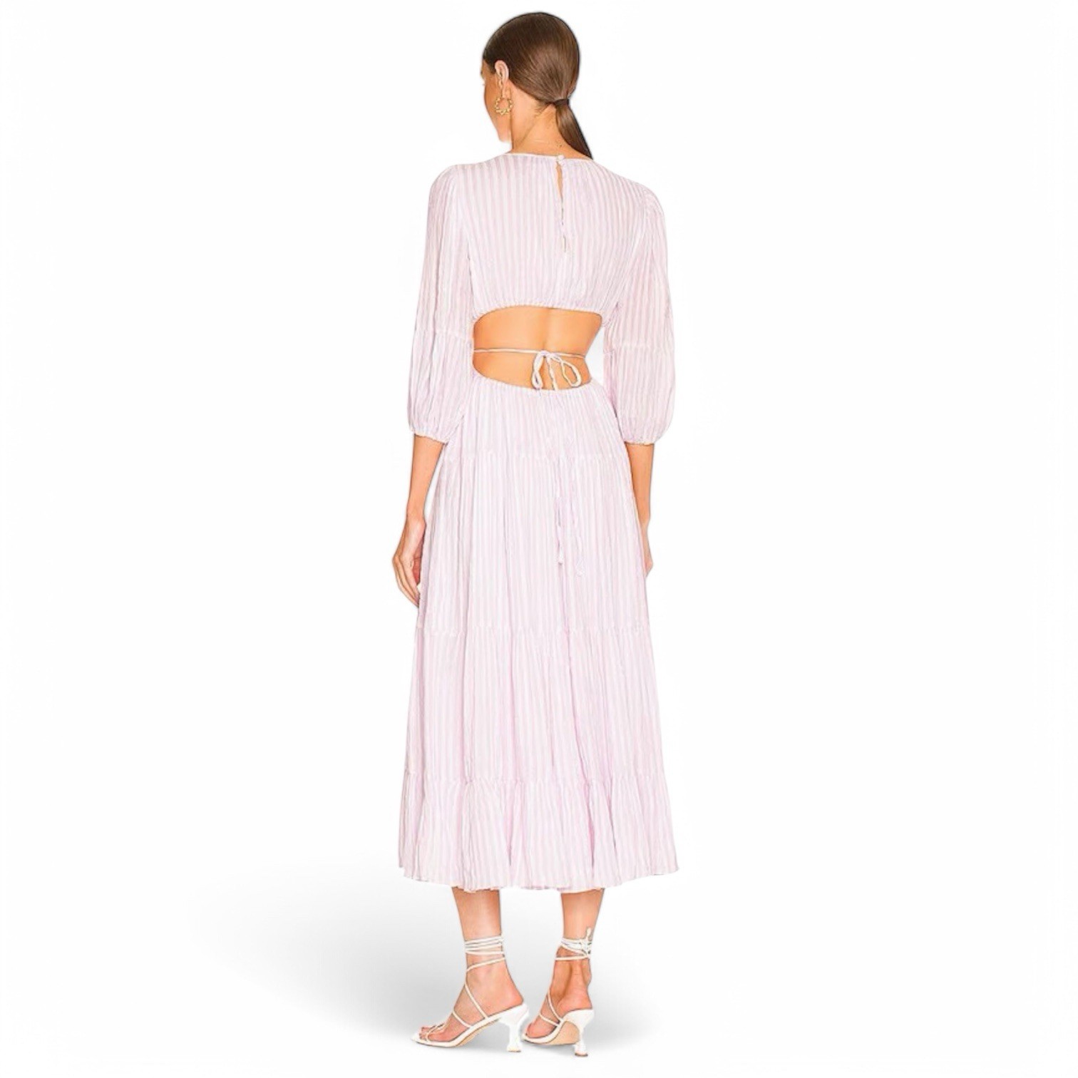 Cinq à Sept Seersucker Midi Dress Size 6 Lavender Ivory Smocked Elastic Waist