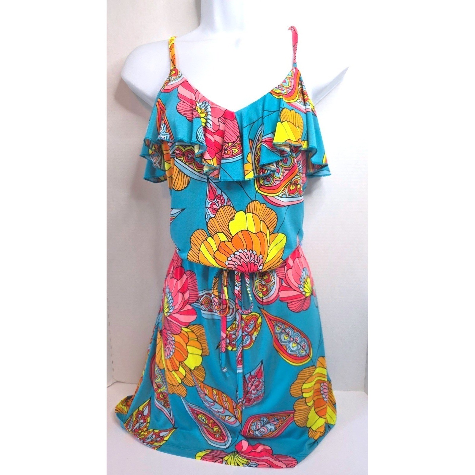 Trina Turk Floral Ruffle Strap Dress Teal Pink Yellow Orange Draw Waist SZ S
