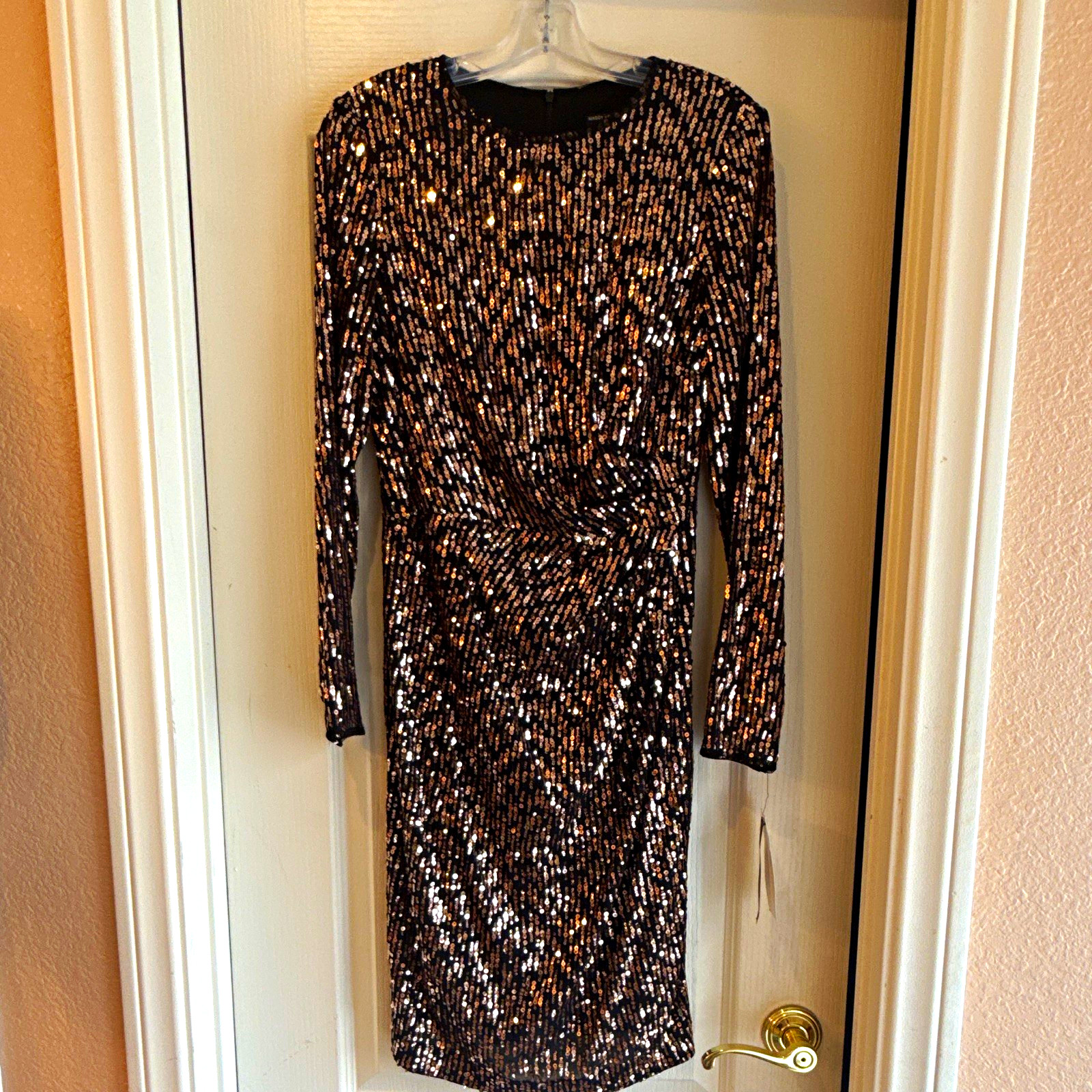 Maggy London Black/Gold Sequin Sheath Dress Long Sleeve Crew Neck Zip 6
