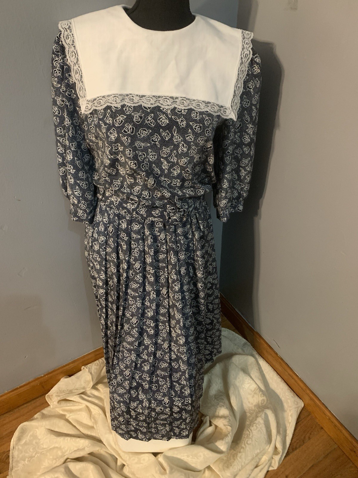VTG 80s Breli II Lace Collar Cottage Core Prairie Dress Blue White Floral Sz 8
