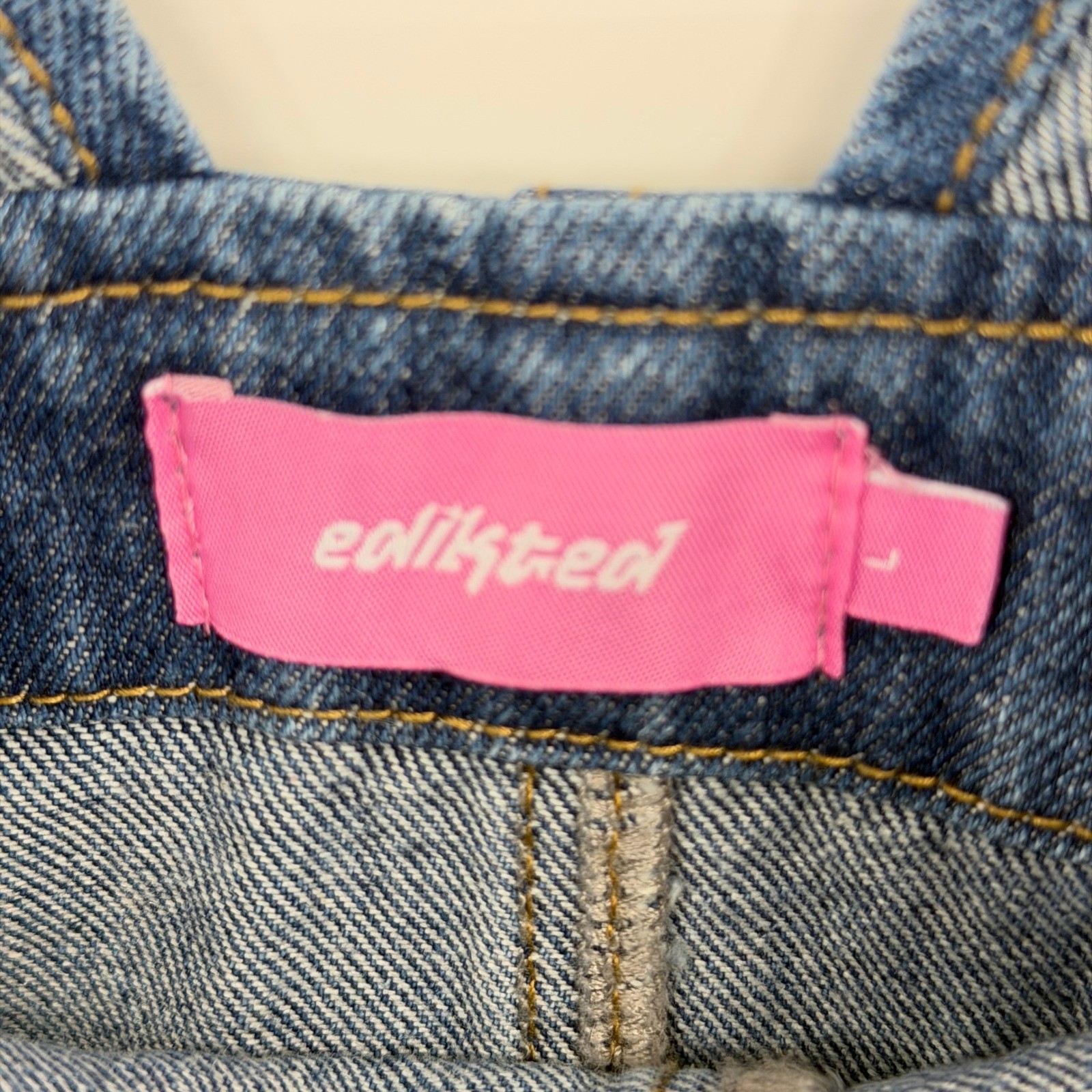Edikted Denim Pinafore Overall Mini Dress Size Large Blue Side Zip Pocket Jumper