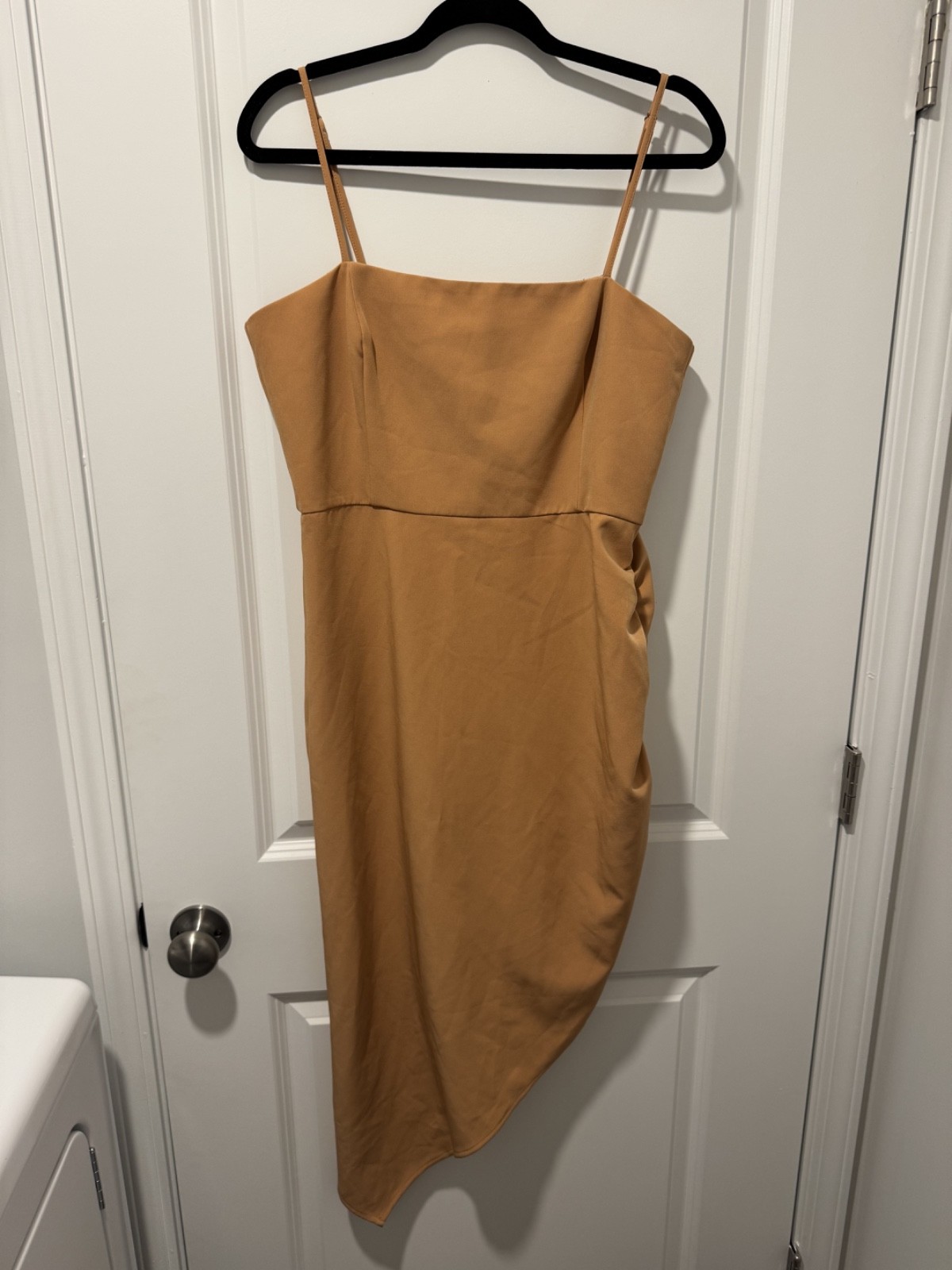 Gianni Bini Camel Asymmetrical Midi Dress Ruched Bodycon Cowl Neck Strappy Small