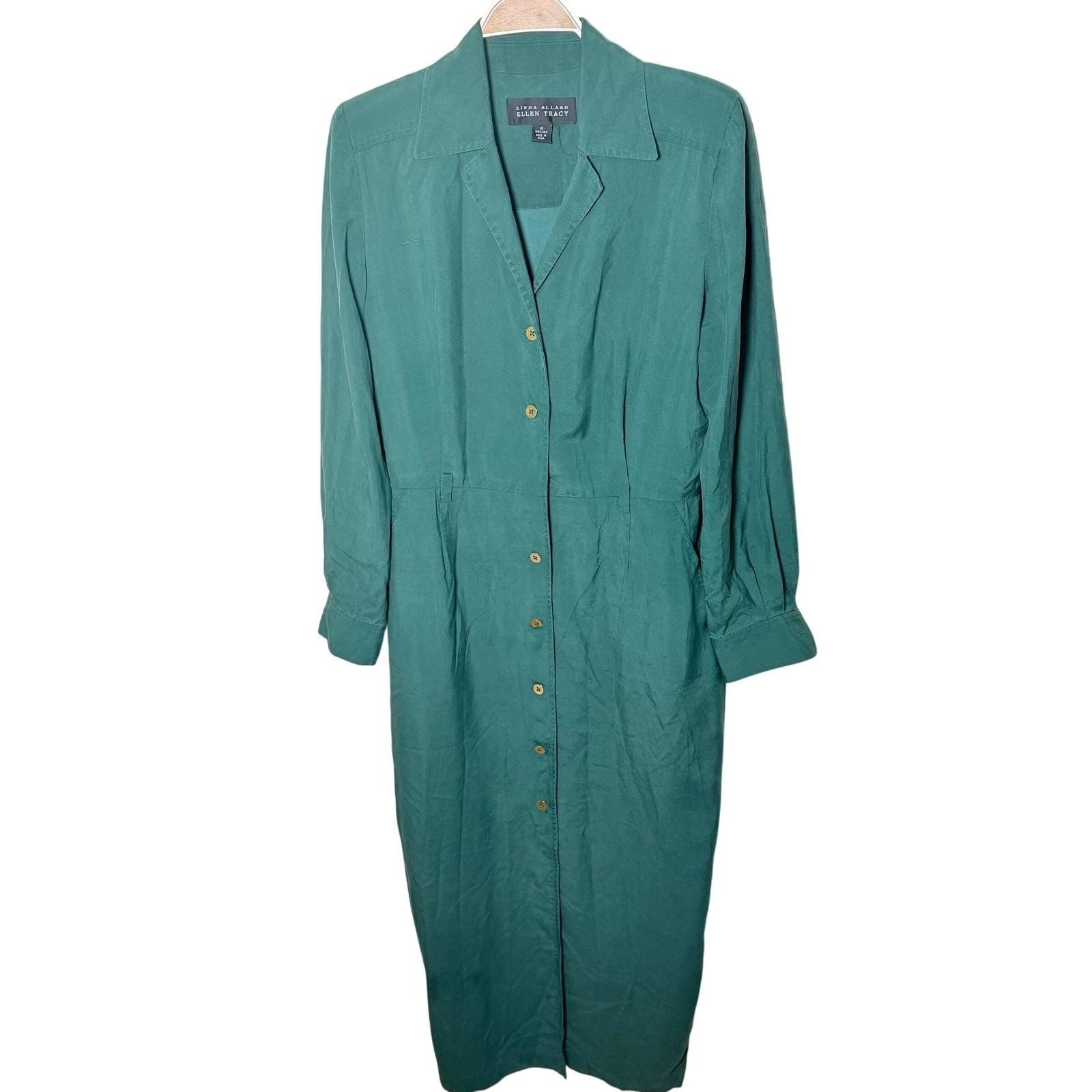 Linda Allard Ellen Tracy Teal Green 100% Silk Button Front Midi Dress Womens 10