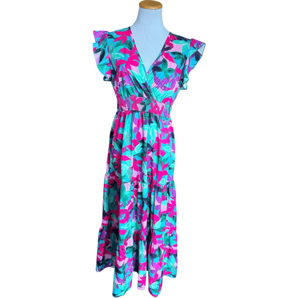Womens Shein Lune Deep V Neck Random Print Flutter Sleeve Maxi Dress – Sz L