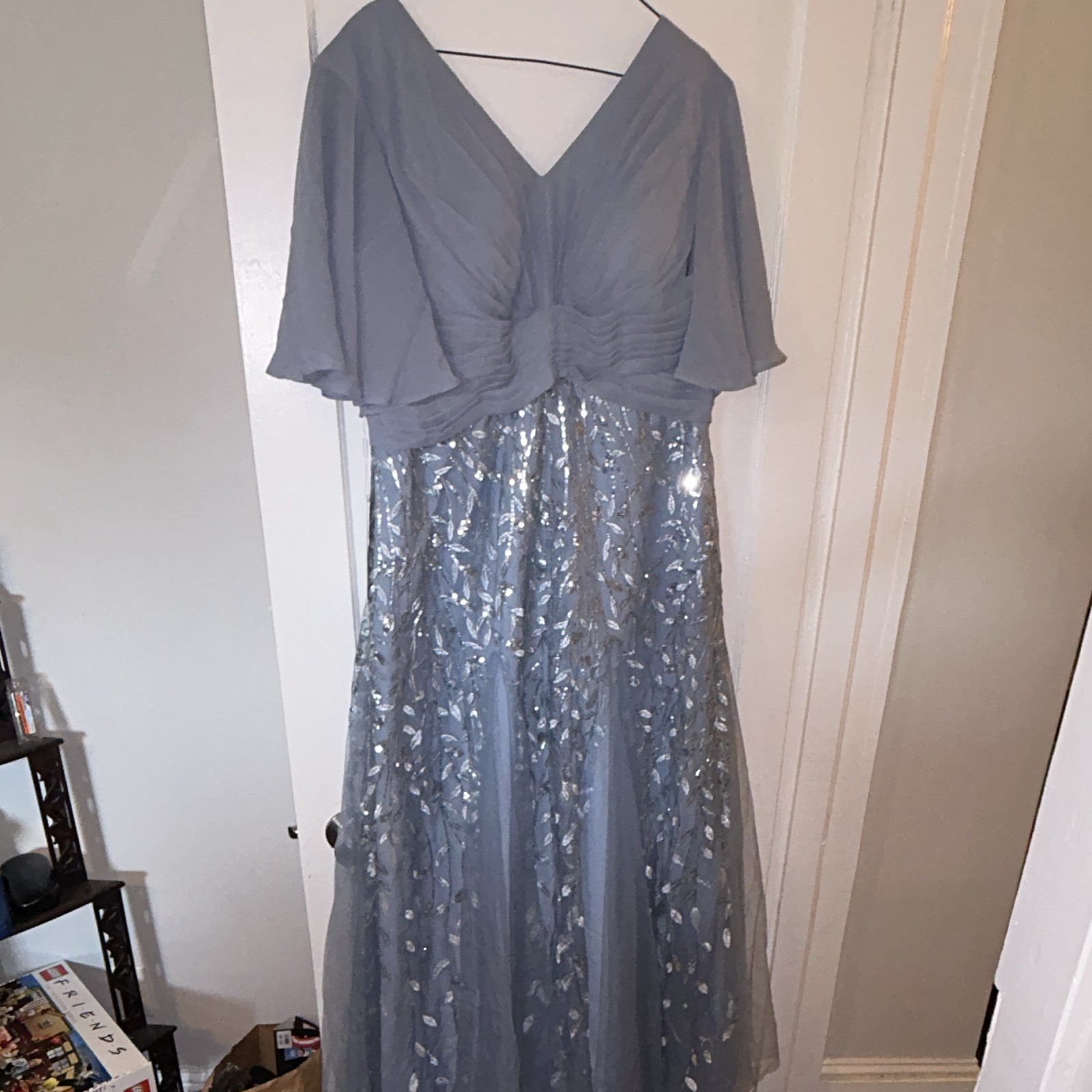 Lavetir Blue Sequin Floral Chiffon V-Neck Long Formal Gown Plus 16W