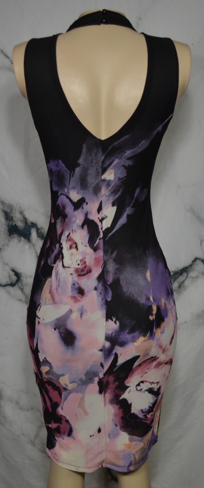 VENUS Black Multicolor Floral Sleeveless Dress XS High Neckline Sheer V Open Bck