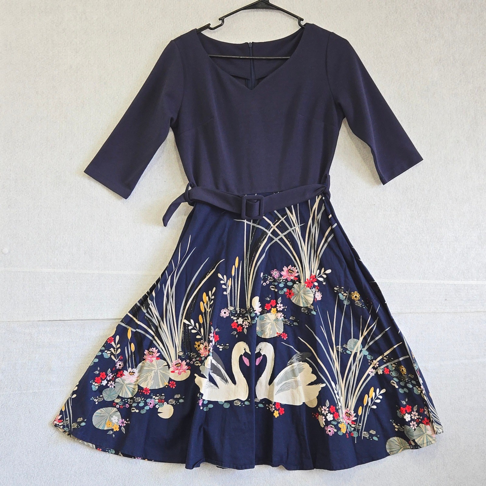 Navy Blue Swan Floral Print Belted A-Line Dress 3/4 Sleeve Retro Fit Flare Sz M