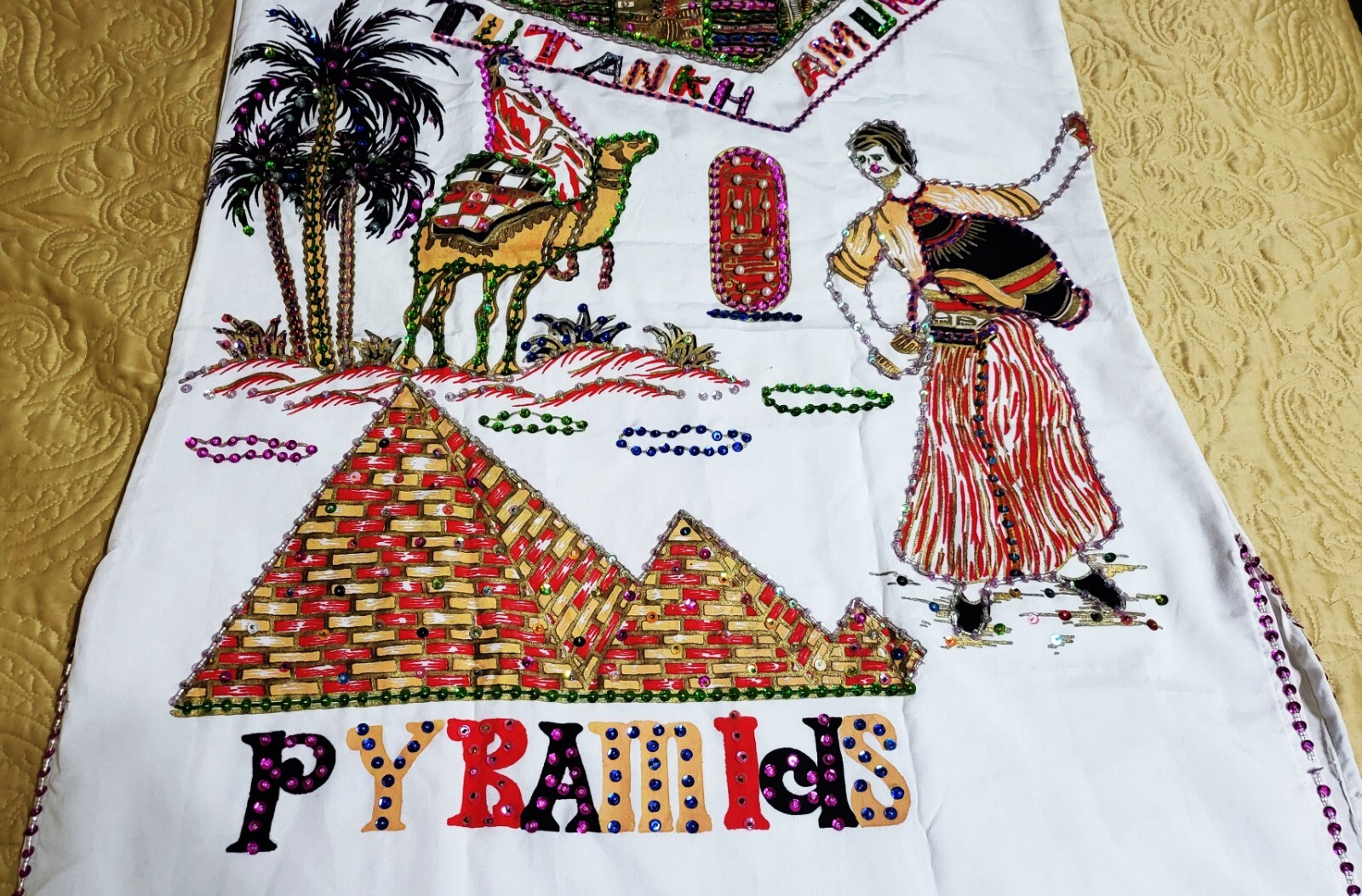 Handmade Egyptian Beaded Sequins Tut Ankh Amon White Kaftan Dress Galabia M. L.