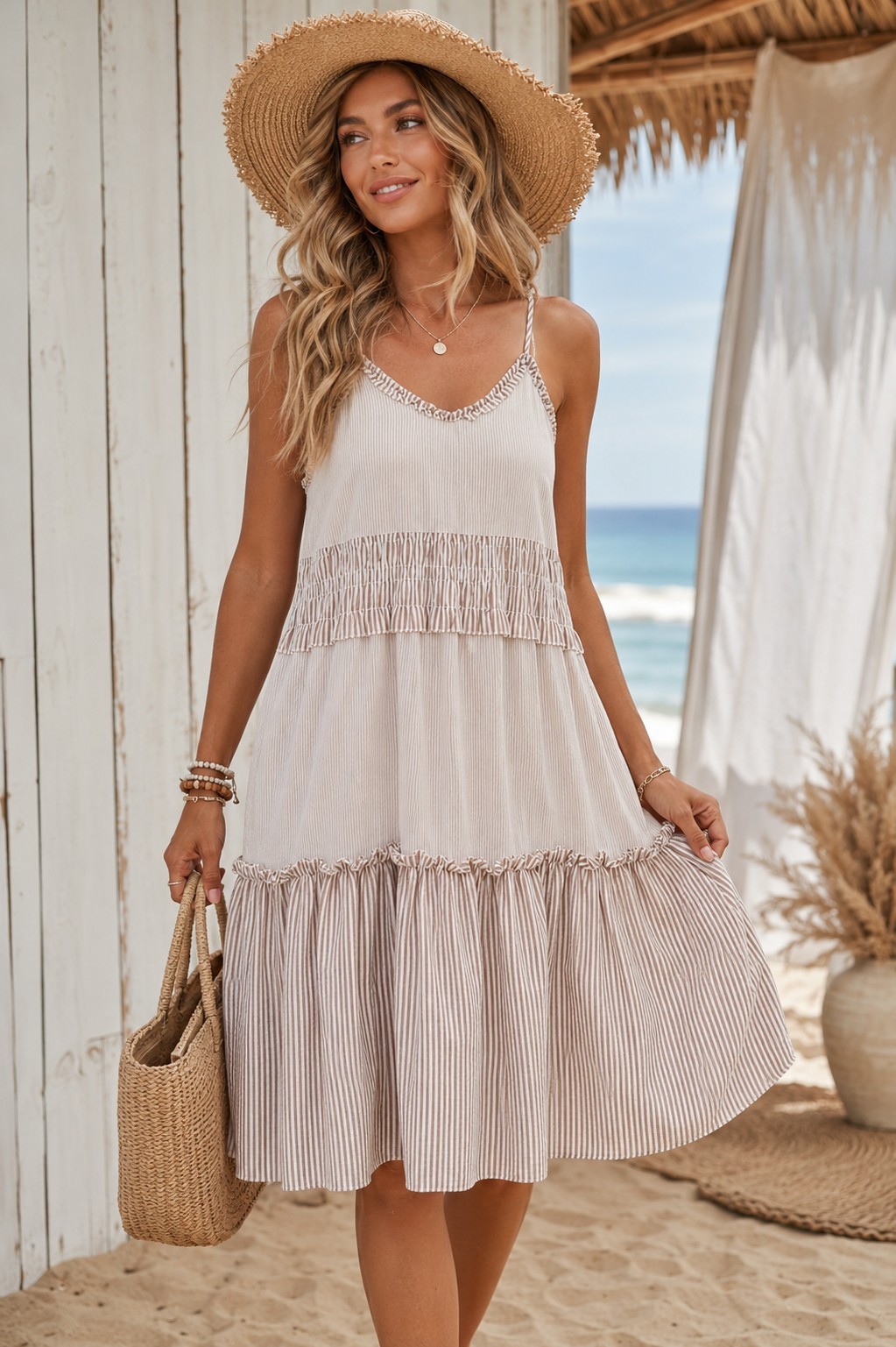 POL Womens Large Ivory Taupe Striped Tiered Sundress Smocked Empire Waist Boho