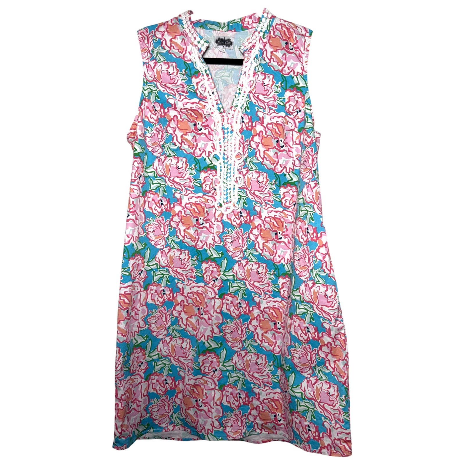 Mud Pie Large Floral Shift Dress Pink Blue Sleeveless Resort Preppy