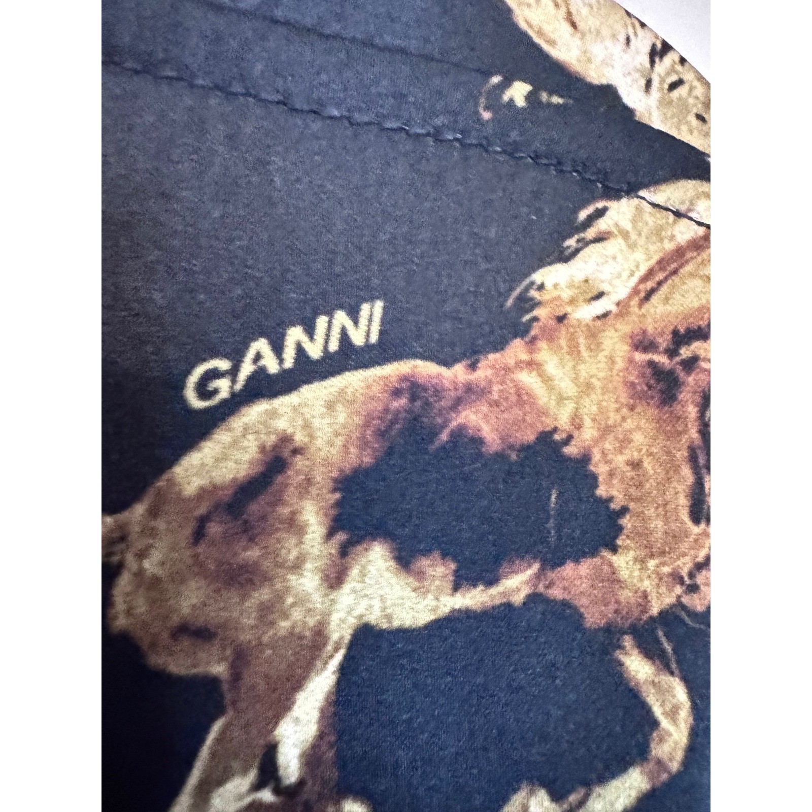 Ganni Horse Print Silk Stretch Ruched Mini Dress Black Gold Size 36 US 4 6131