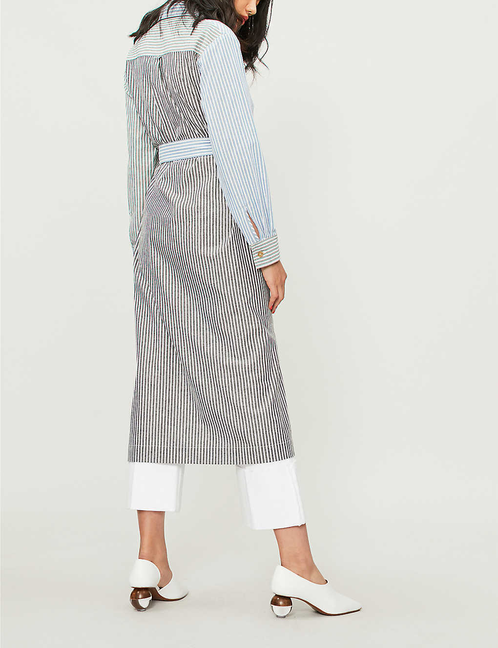 REJINA PYO Black Blue Stripe Asymmetric Tie Waist Cotton Button Shirt Dress M 8